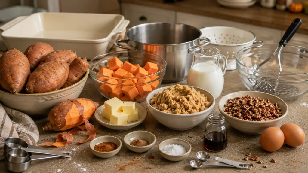Ingredients for sweet potato casserole including fresh sweet potatoes, brown sugar, pecans, butter, milk, eggs, cinnamon, and vanilla.