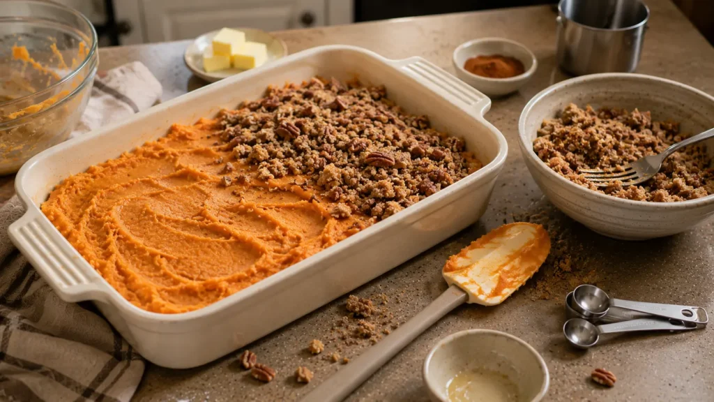Creamy sweet potato casserole filling being topped with unbaked brown sugar pecan streusel before going into the oven.