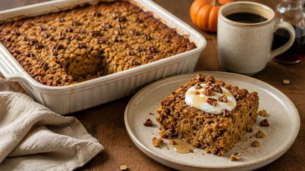 Pumpkin Pie Baked Oatmeal with pumpkin, warm fall spices and pecans served with Greek yogurt and maple syrup.