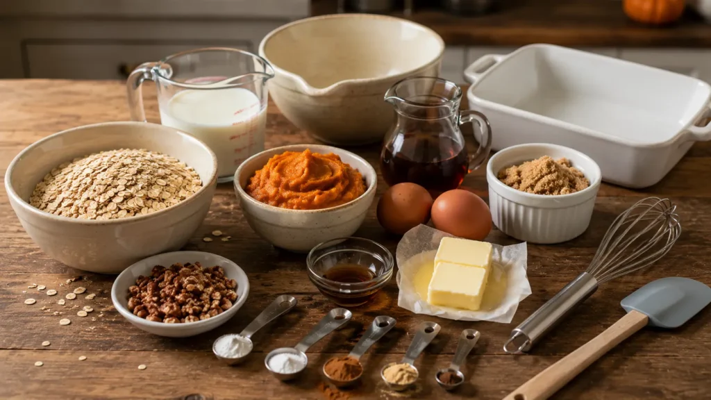Ingredients for Pumpkin Pie Baked Oatmeal including rolled oats, pumpkin puree, milk, eggs, maple syrup, pecans and warm spices.