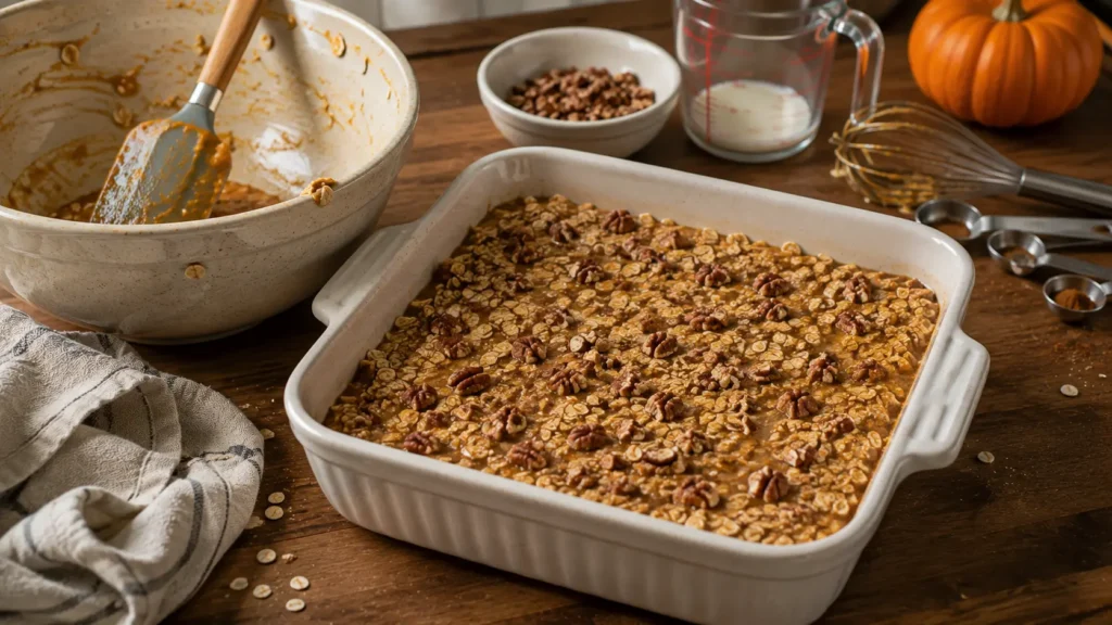 Unbaked Pumpkin Pie Baked Oatmeal mixture with rolled oats, pumpkin and chopped pecans in a baking dish before going into the oven.