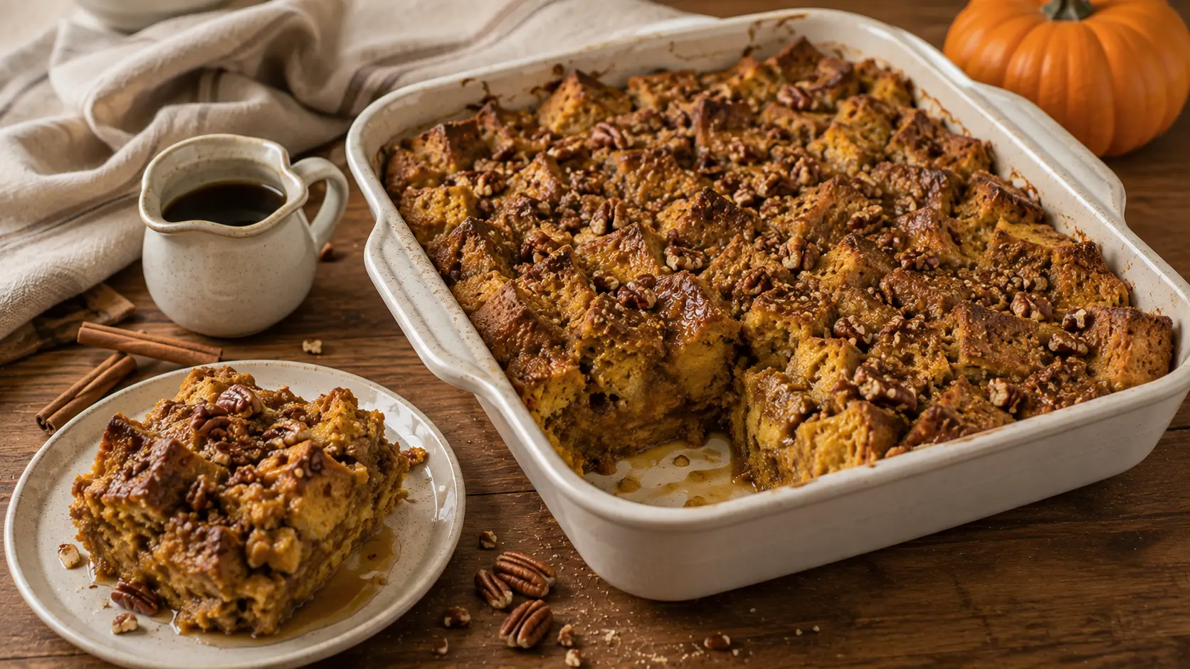 Pumpkin French Toast Casserole with golden brioche, pumpkin custard, toasted pecans and maple syrup