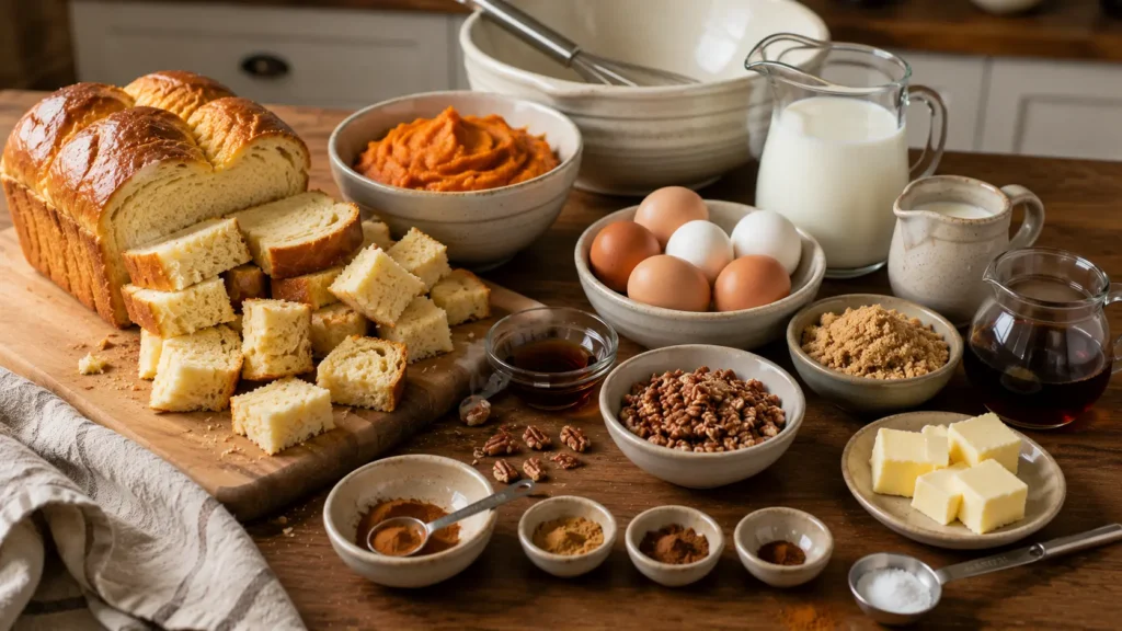 Ingredients for Pumpkin French Toast Casserole including brioche, pumpkin puree, eggs, milk, maple syrup, spices and pecans
