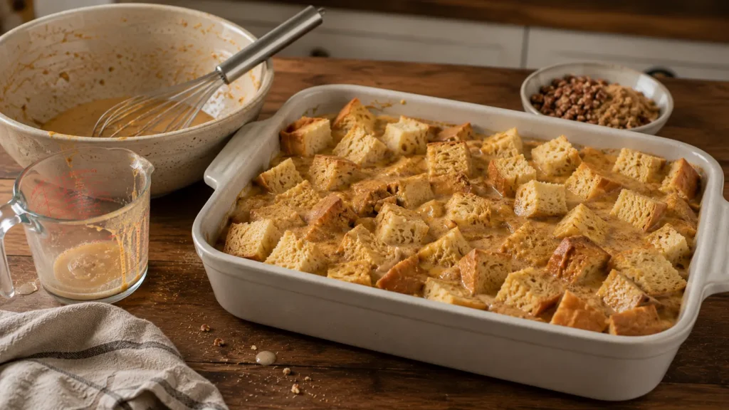 Brioche bread cubes soaking in pumpkin custard while preparing overnight Pumpkin French Toast Casserole