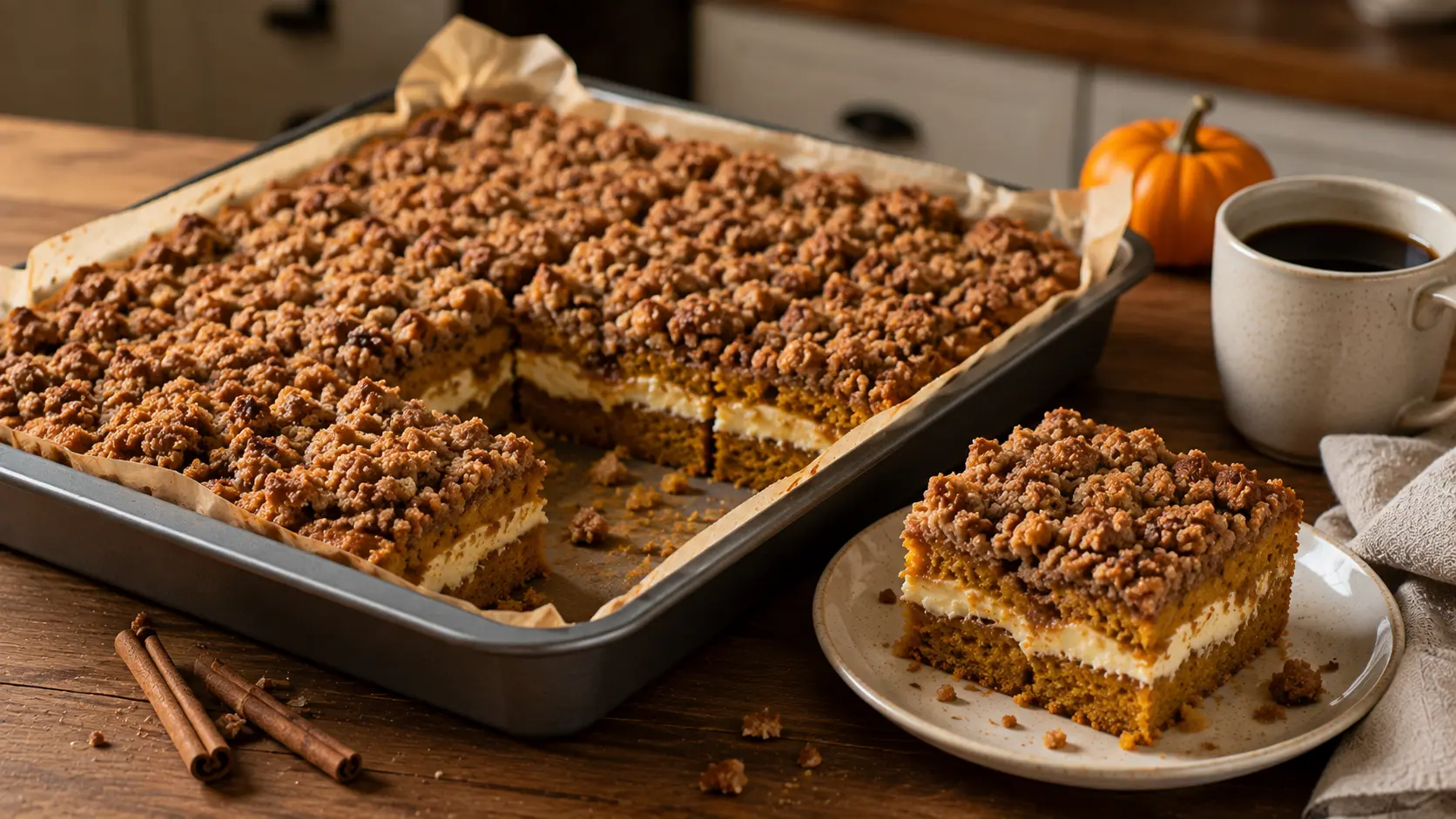 Pumpkin cream cheese coffee cake with cinnamon streusel and a visible creamy cheesecake layer