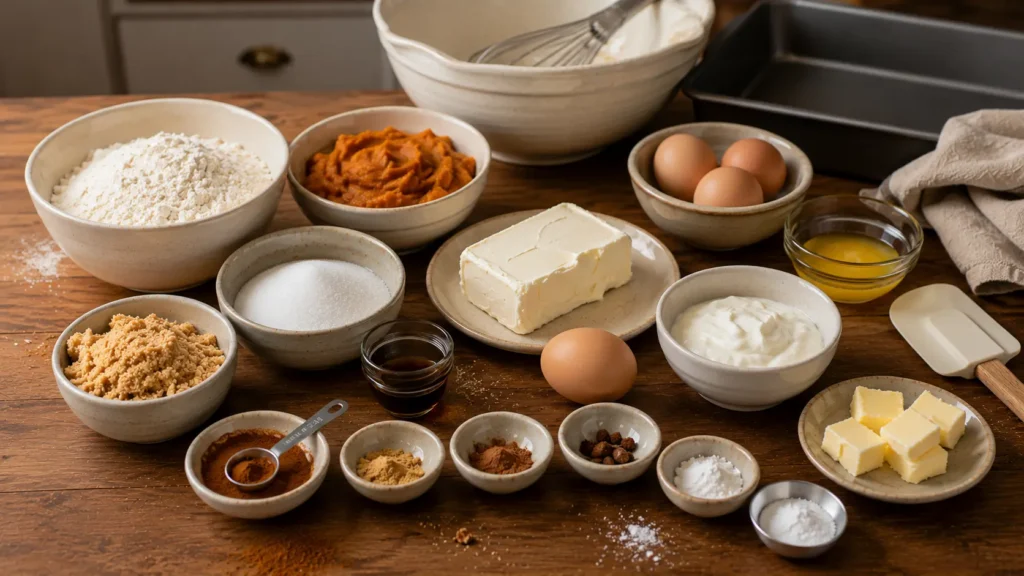 Ingredients for pumpkin cream cheese coffee cake including pumpkin puree, cream cheese, flour, eggs, butter, sour cream and cinnamon