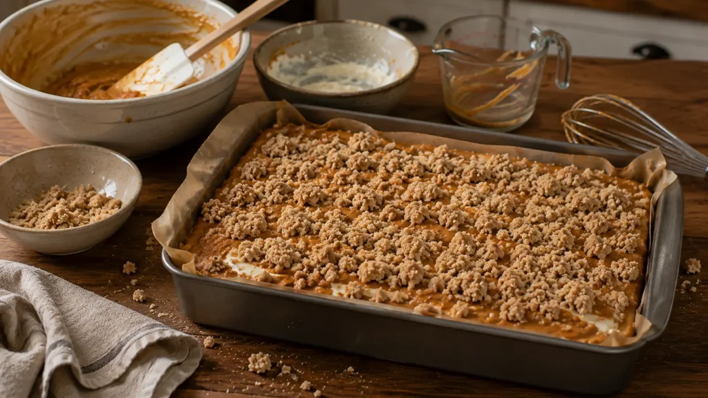 Unbaked pumpkin cream cheese coffee cake topped with cinnamon streusel in a parchment-lined baking pan
