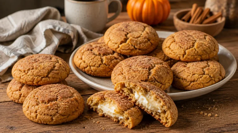Pumpkin cheesecake snickerdoodle cookies coated in cinnamon sugar with one broken open to reveal the cream cheese filling.