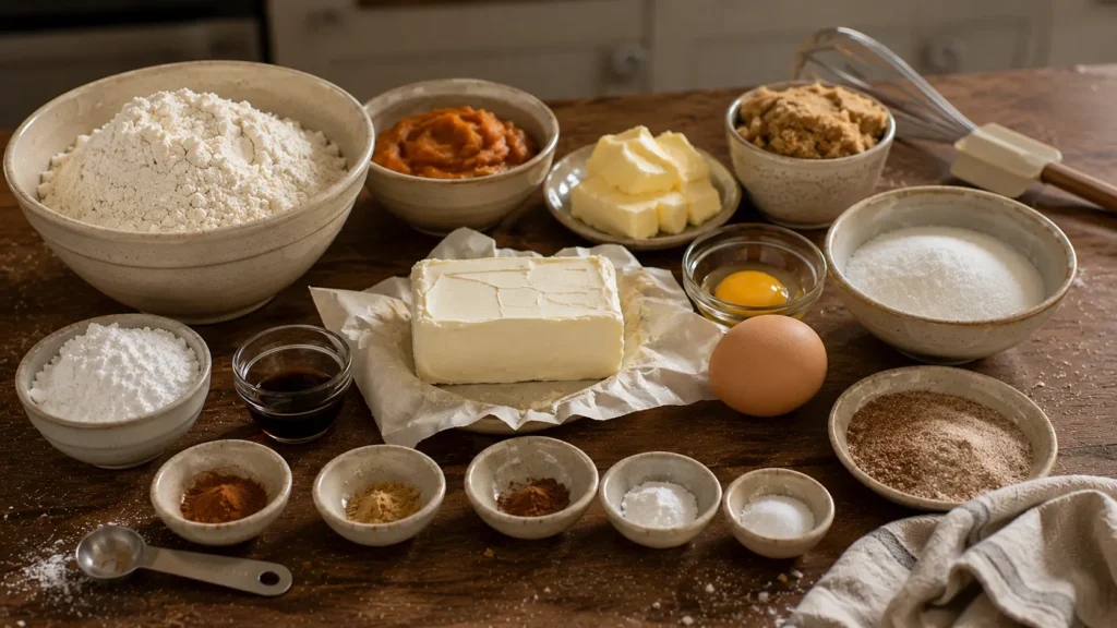 Ingredients for pumpkin cheesecake snickerdoodle cookies including pumpkin purée, cream cheese, flour, butter, brown sugar, cinnamon and spices.
