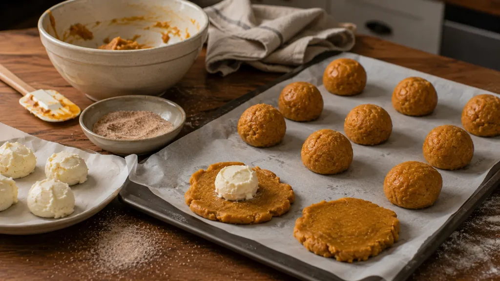 Unbaked pumpkin snickerdoodle cookie dough being assembled around frozen cheesecake filling before baking.
