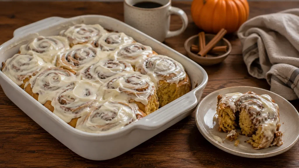 Homemade pumpkin cinnamon rolls with maple cream cheese frosting and cinnamon swirls in a baking dish.
