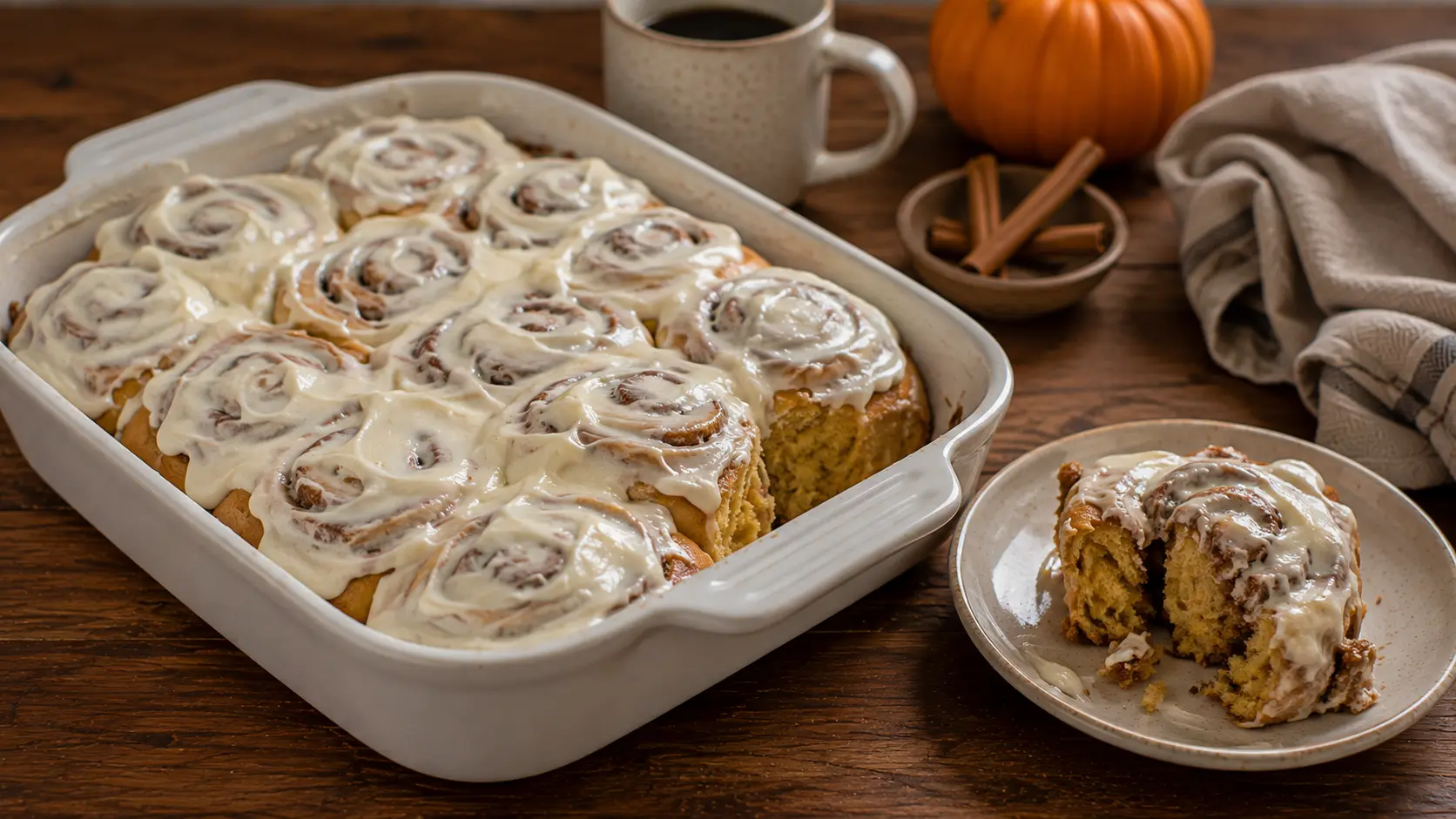 Homemade pumpkin cinnamon rolls with maple cream cheese frosting and cinnamon swirls in a baking dish.