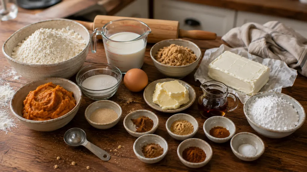 Ingredients for pumpkin cinnamon rolls with maple cream cheese frosting, including pumpkin purée, flour, cinnamon, brown sugar, butter and cream cheese.