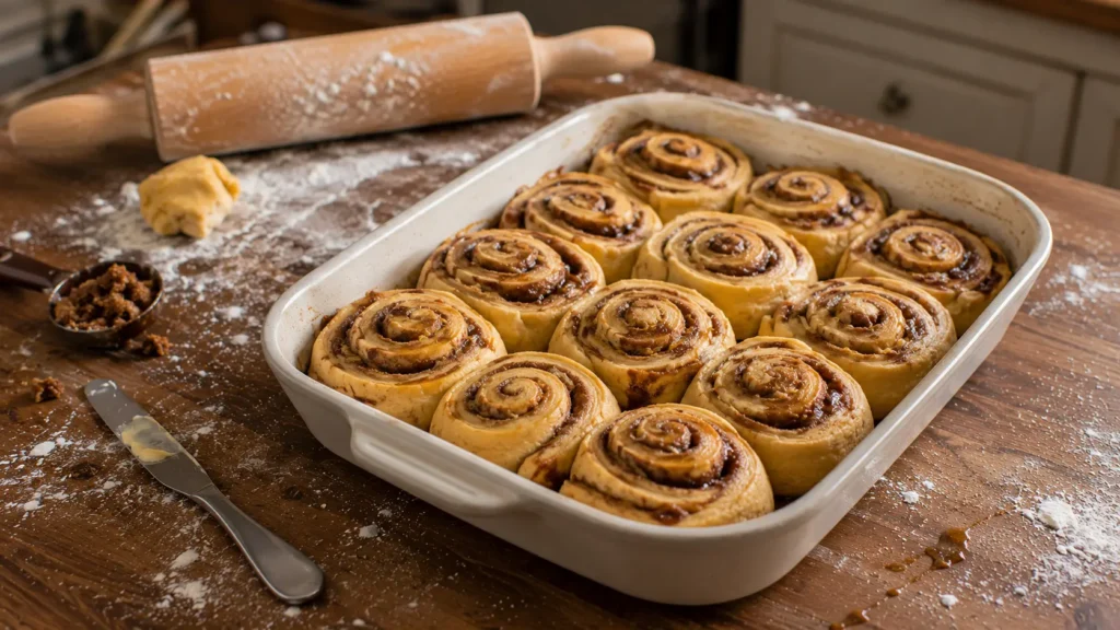 Unbaked pumpkin cinnamon rolls with cinnamon brown sugar filling arranged in a baking dish before their second rise.