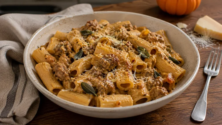Creamy pumpkin pasta with sausage, rigatoni, Parmesan and crispy sage in a ceramic bowl.