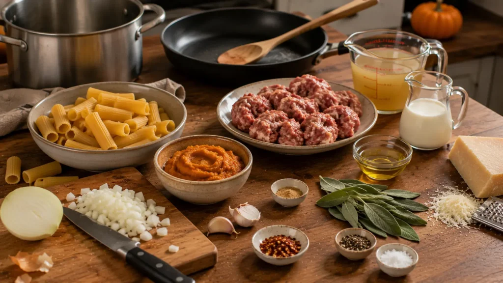 Ingredients for creamy pumpkin pasta with sausage including rigatoni, Italian sausage, pumpkin puree, Parmesan, cream, garlic and sage.