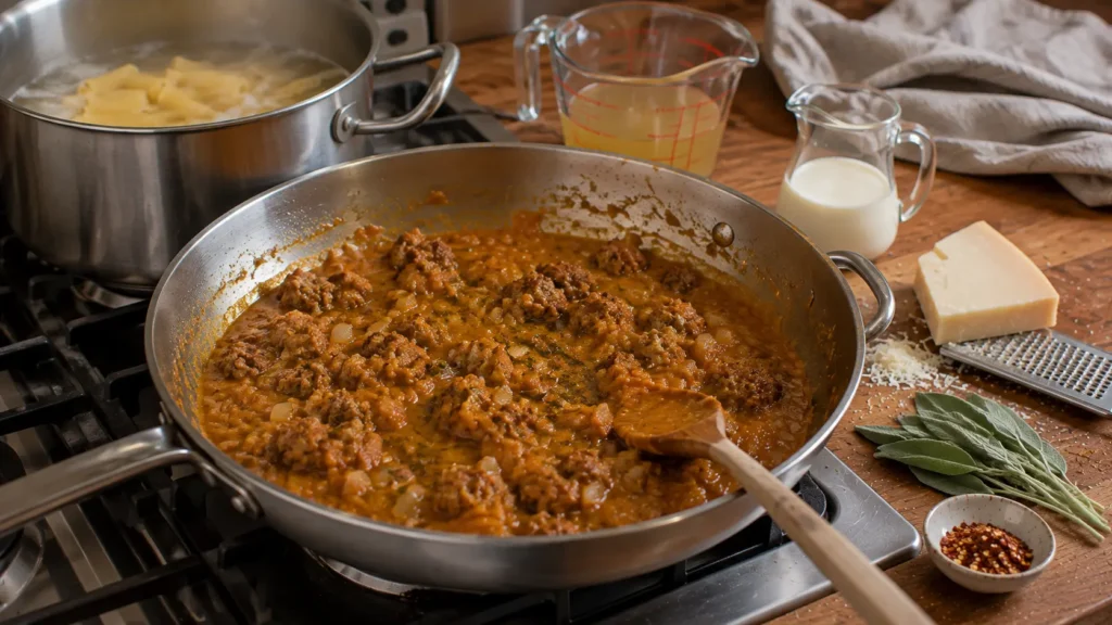 Browned Italian sausage simmering with pumpkin, onion, garlic, sage and broth before adding cream and pasta.