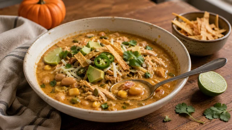 Easy creamy pumpkin chicken chili with shredded chicken, white beans, corn, avocado and tortilla strips.