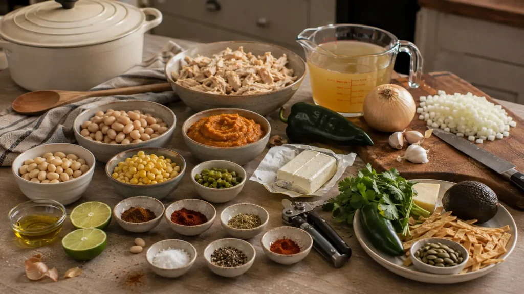 Ingredients for creamy pumpkin chicken chili including shredded chicken, pumpkin puree, white beans, green chiles, corn and cream cheese.