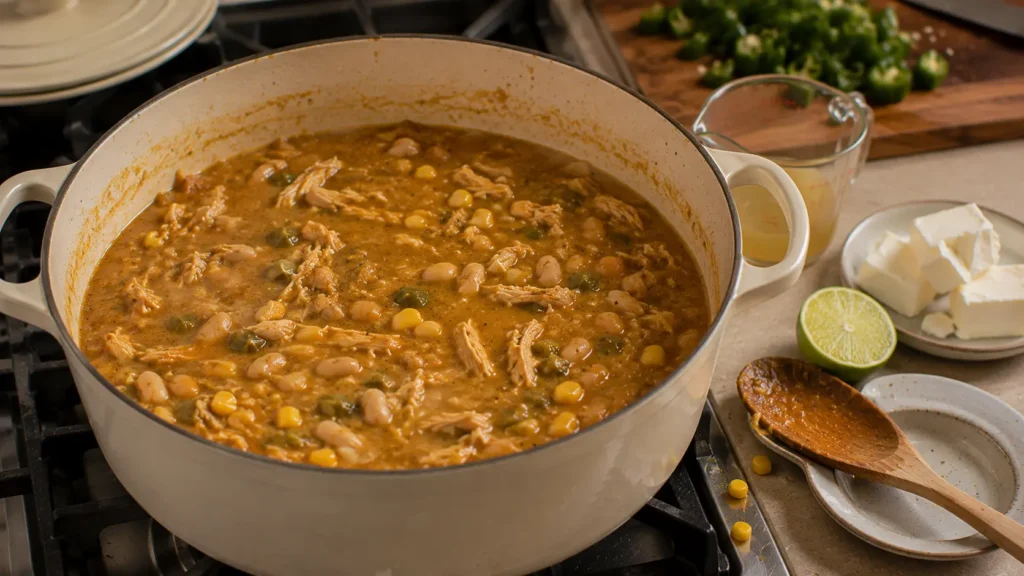 Pumpkin chicken chili simmering with shredded chicken, white beans, corn and green chiles before adding cream cheese.