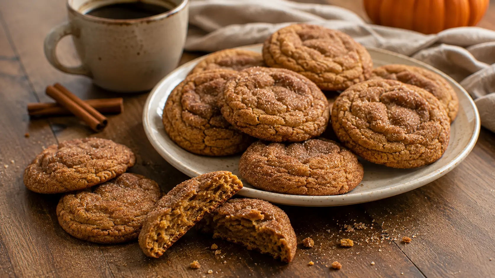 Chewy brown butter pumpkin snickerdoodle cookies coated in cinnamon sugar with one torn open to show the soft chewy center.