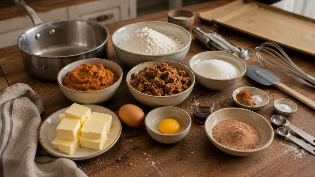 Ingredients for brown butter pumpkin snickerdoodle cookies including pumpkin puree, butter, flour, brown sugar, cinnamon and nutmeg.