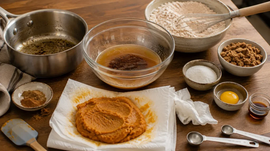 Freshly browned butter and blotted pumpkin puree during preparation of chewy pumpkin snickerdoodle cookie dough.