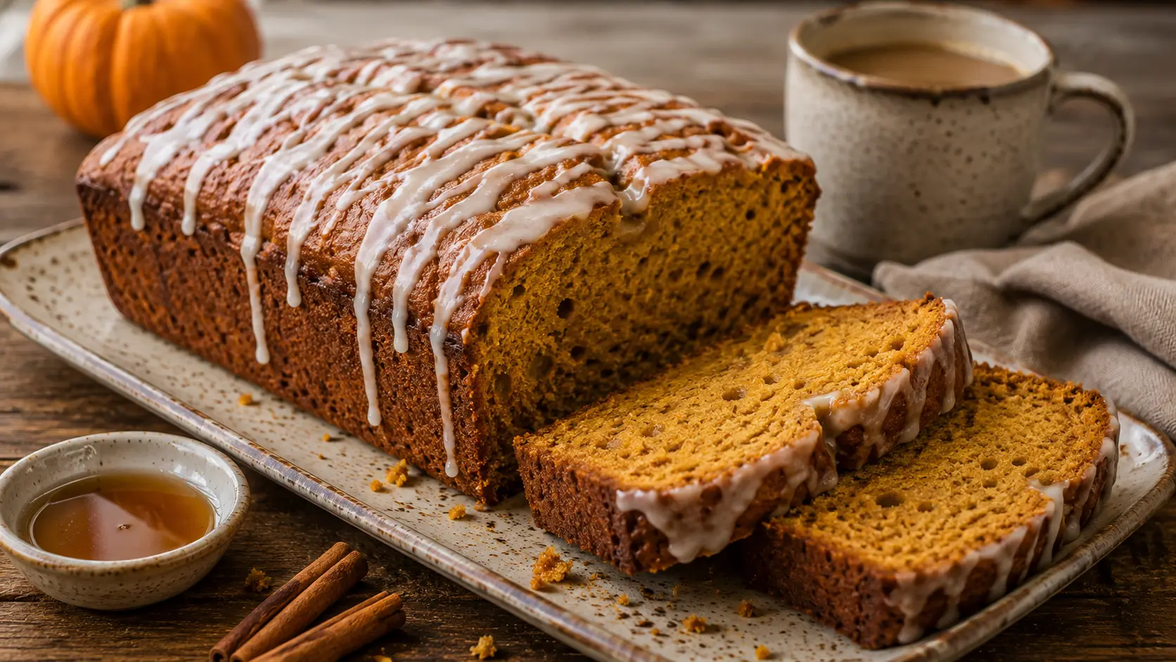 Homemade brown butter pumpkin bread with maple glaze, sliced to reveal a moist spiced pumpkin crumb on a wooden kitchen table.
