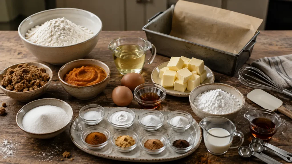 Ingredients for brown butter pumpkin bread with maple glaze, including pumpkin puree, butter, flour, eggs, brown sugar, fall spices and maple syrup.