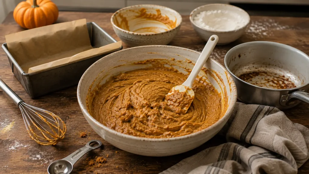 Pumpkin bread batter in a mixing bowl beside a browned-butter saucepan and parchment-lined loaf pan during preparation.