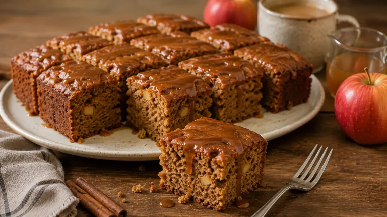 Spiced apple cider cake with fresh apple and homemade caramel drizzle, cut into moist squares on a wooden kitchen table.