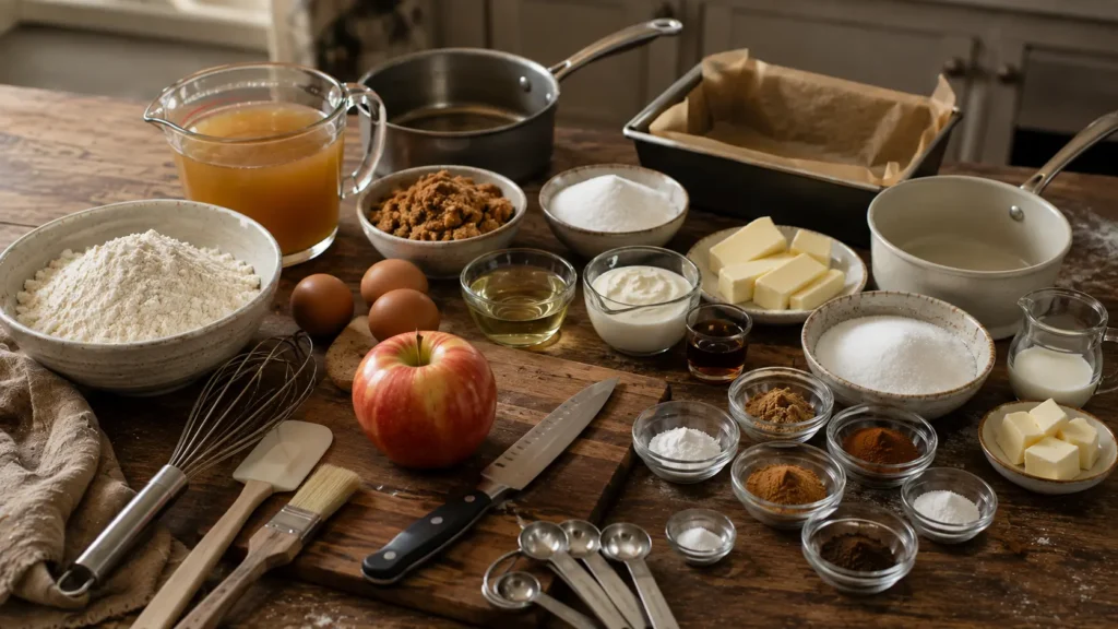 Ingredients for spiced apple cider cake with caramel drizzle, including apple cider, fresh apple, flour, brown sugar, butter, sour cream and fall spices.