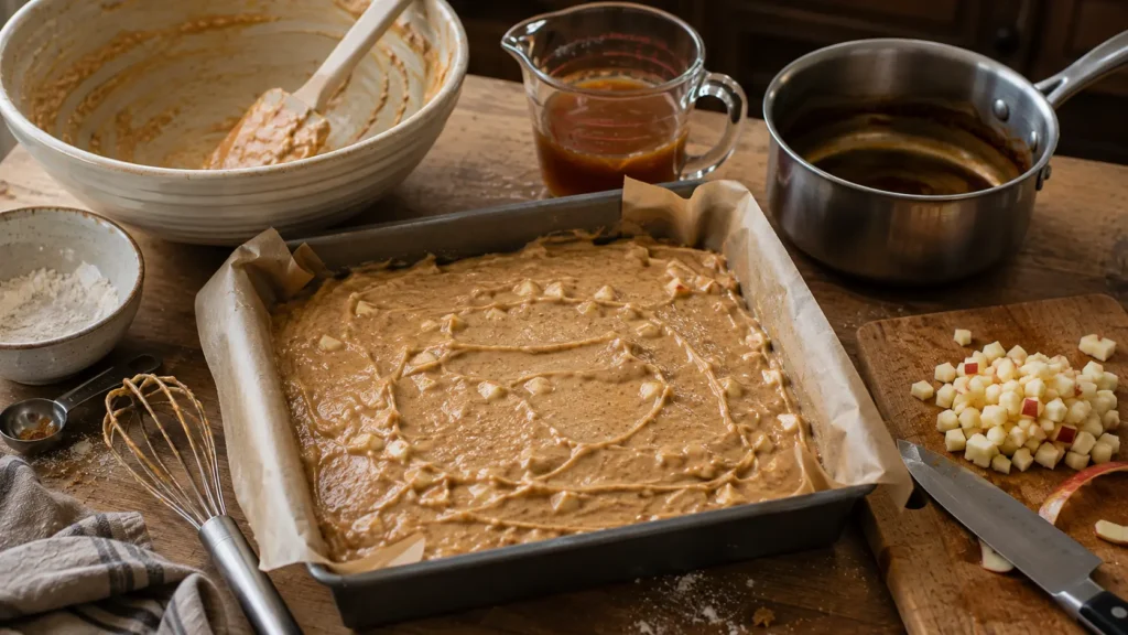 Unbaked spiced apple cider cake batter with diced apples beside concentrated reduced apple cider during preparation.