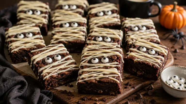 Homemade spooky mummy brownies with fudgy chocolate centers, irregular white chocolate bandages and edible candy eyes for Halloween.