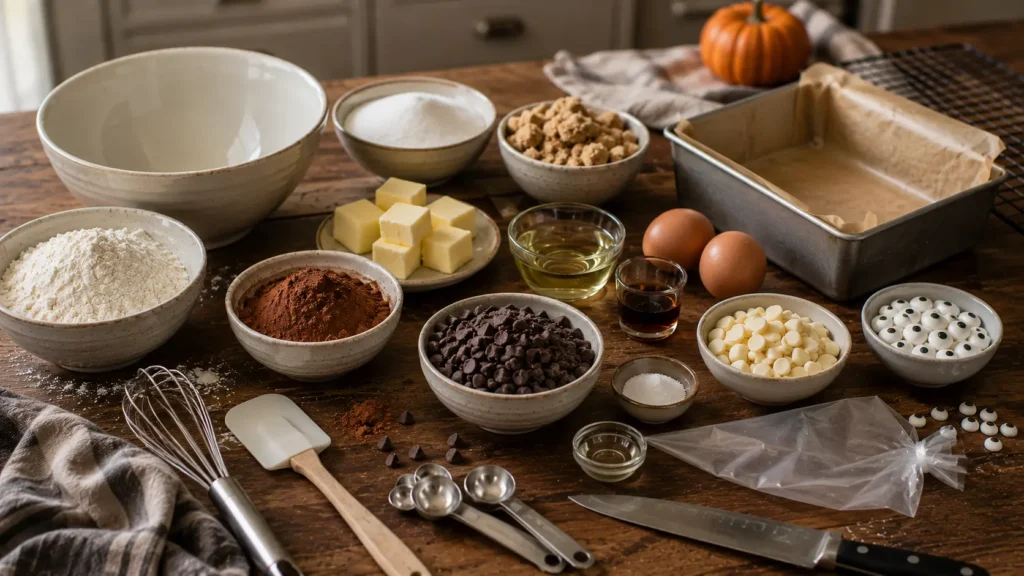 Ingredients for mummy brownies including cocoa powder, flour, butter, eggs, chocolate chips, white chocolate and edible candy eyes.