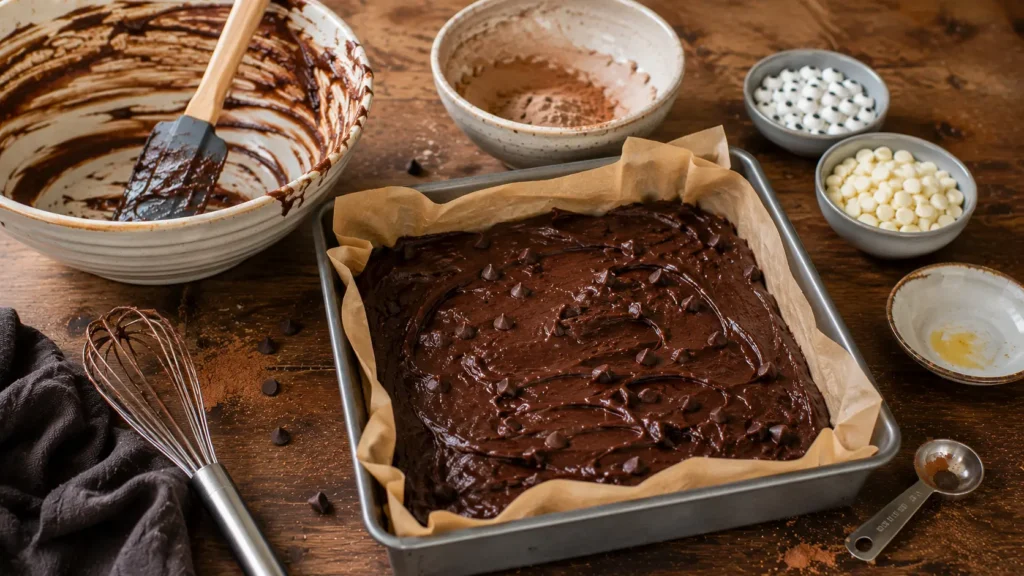 Thick unbaked chocolate brownie batter spread in a parchment-lined square pan during preparation for Halloween mummy brownies.