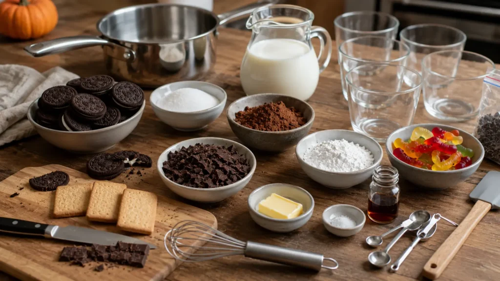 Ingredients for Halloween graveyard dirt cups including milk, cocoa powder, chocolate, sandwich cookies, gummy worms and rectangular tombstone cookies.