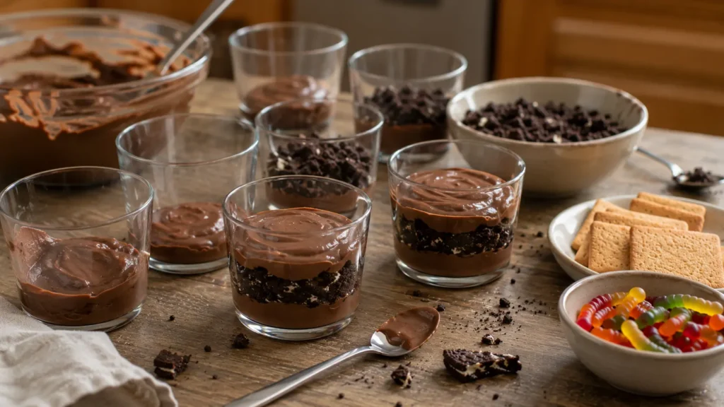 Homemade chocolate pudding and crushed chocolate cookies being layered into clear dessert cups before adding gummy worms and tombstone decorations