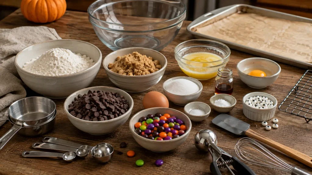 Ingredients for Halloween monster cookies including flour, butter, brown sugar, eggs, chocolate chips, colorful candy chocolates and edible candy eyes.