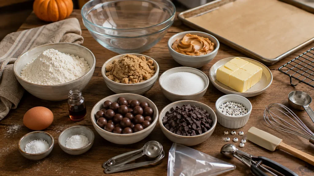 Ingredients for peanut butter spider cookies including flour, peanut butter, butter, brown sugar, egg, chocolate candies and edible candy eyes.