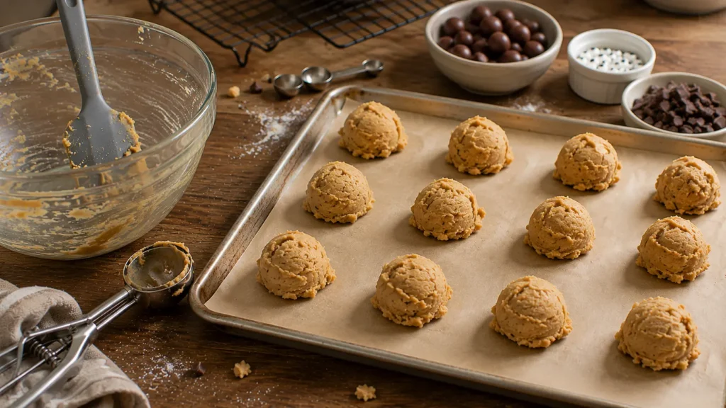 Raw peanut butter cookie dough portions on a parchment-lined baking sheet before baking and adding the chocolate spider decorations.