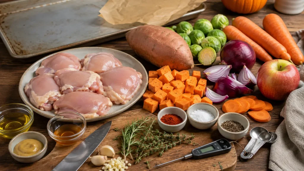 Ingredients for fall sheet pan chicken including raw chicken thighs, sweet potato, Brussels sprouts, carrots, red onion, apple, herbs and maple-Dijon seasoning.