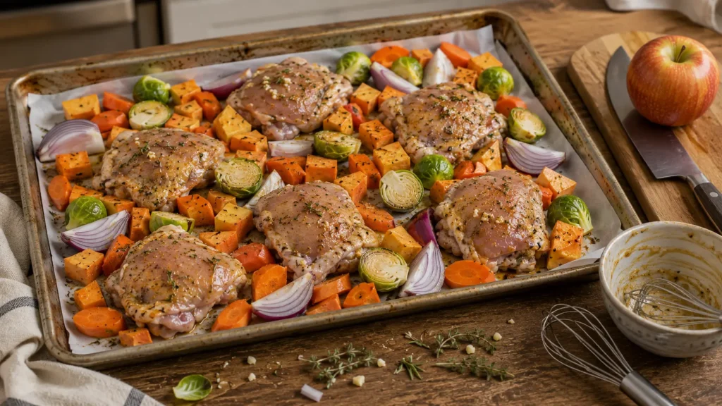Raw seasoned chicken thighs with sweet potatoes, Brussels sprouts, carrots and red onion arranged on a sheet pan before roasting, with an apple waiting to be added later.