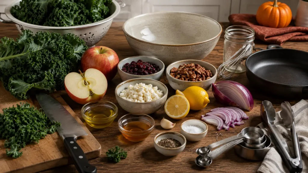 Fresh ingredients for harvest kale and apple salad including kale, apples, dried cranberries, pecans, feta, red onion and maple-Dijon vinaigrette ingredients.