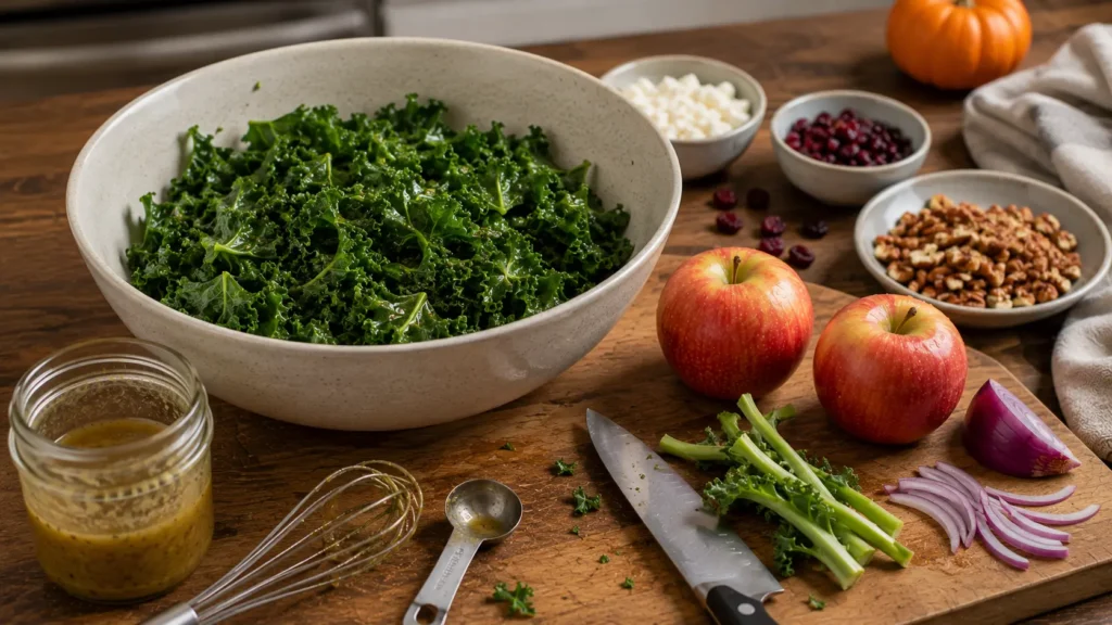 Chopped kale lightly dressed and massaged with maple-Dijon vinaigrette before adding apples, dried cranberries, toasted pecans, feta and red onion.