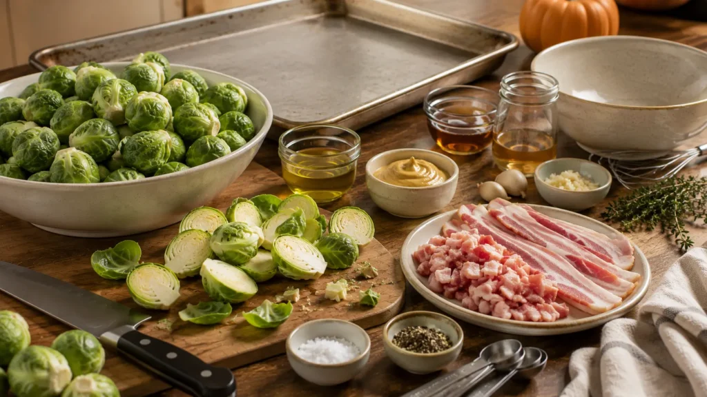 Ingredients for maple roasted Brussels sprouts with bacon including fresh Brussels sprouts, raw bacon, maple syrup, Dijon mustard, garlic and thyme.