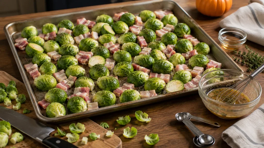 Raw halved Brussels sprouts arranged cut-side down with bacon on a sheet pan before roasting, with maple-Dijon mixture waiting to be added later.