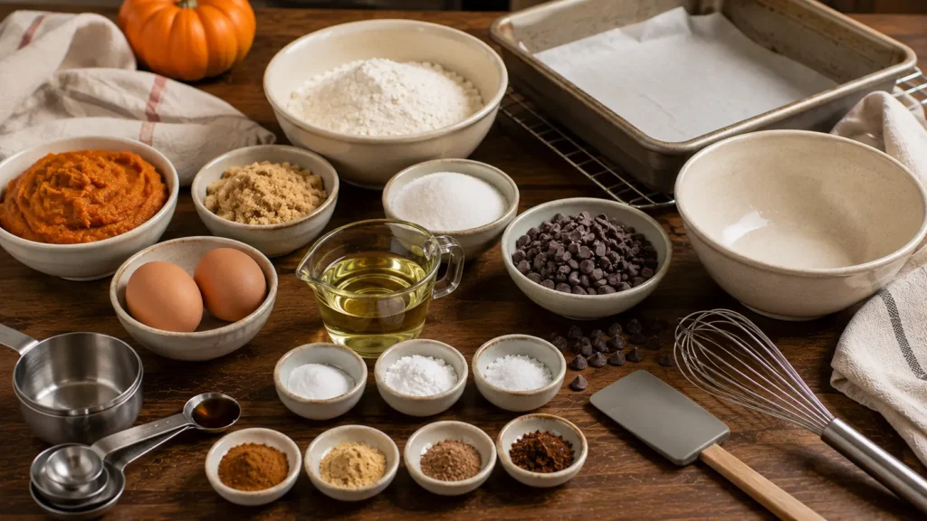 Ingredients for pumpkin chocolate chip snack cake including pumpkin puree, flour, eggs, brown sugar, fall spices, oil and semi-sweet chocolate chips.