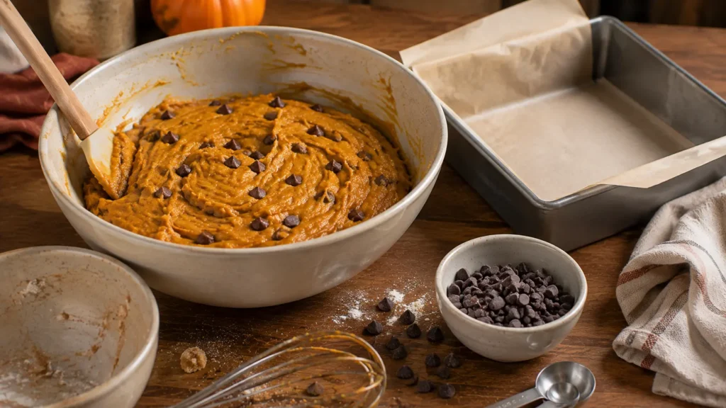 Raw spiced pumpkin cake batter with chocolate chips in a mixing bowl beside an empty parchment-lined square pan before baking.