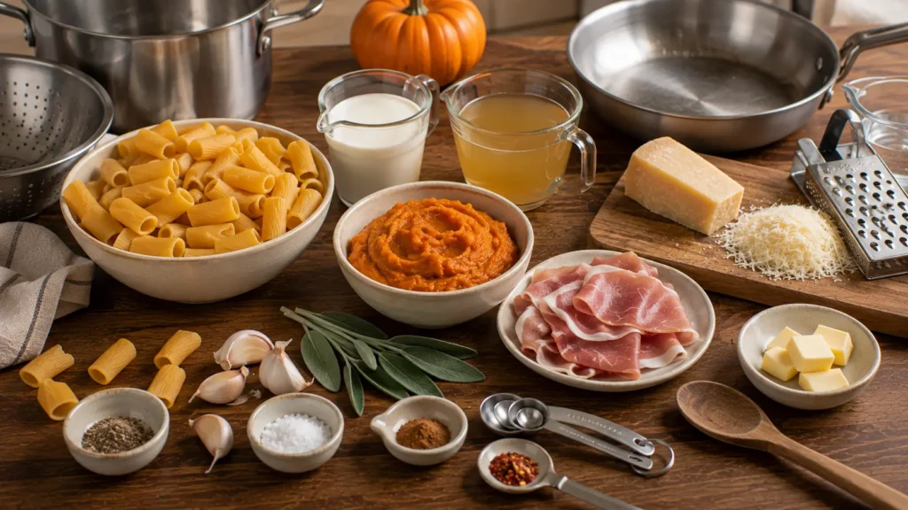 Ingredients for pumpkin sage pasta with crispy prosciutto including rigatoni, pumpkin puree, prosciutto, sage, Parmesan, cream, garlic and butter.